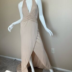 Sarah Danielle Tan Halter Maxi Evening Dress with Train